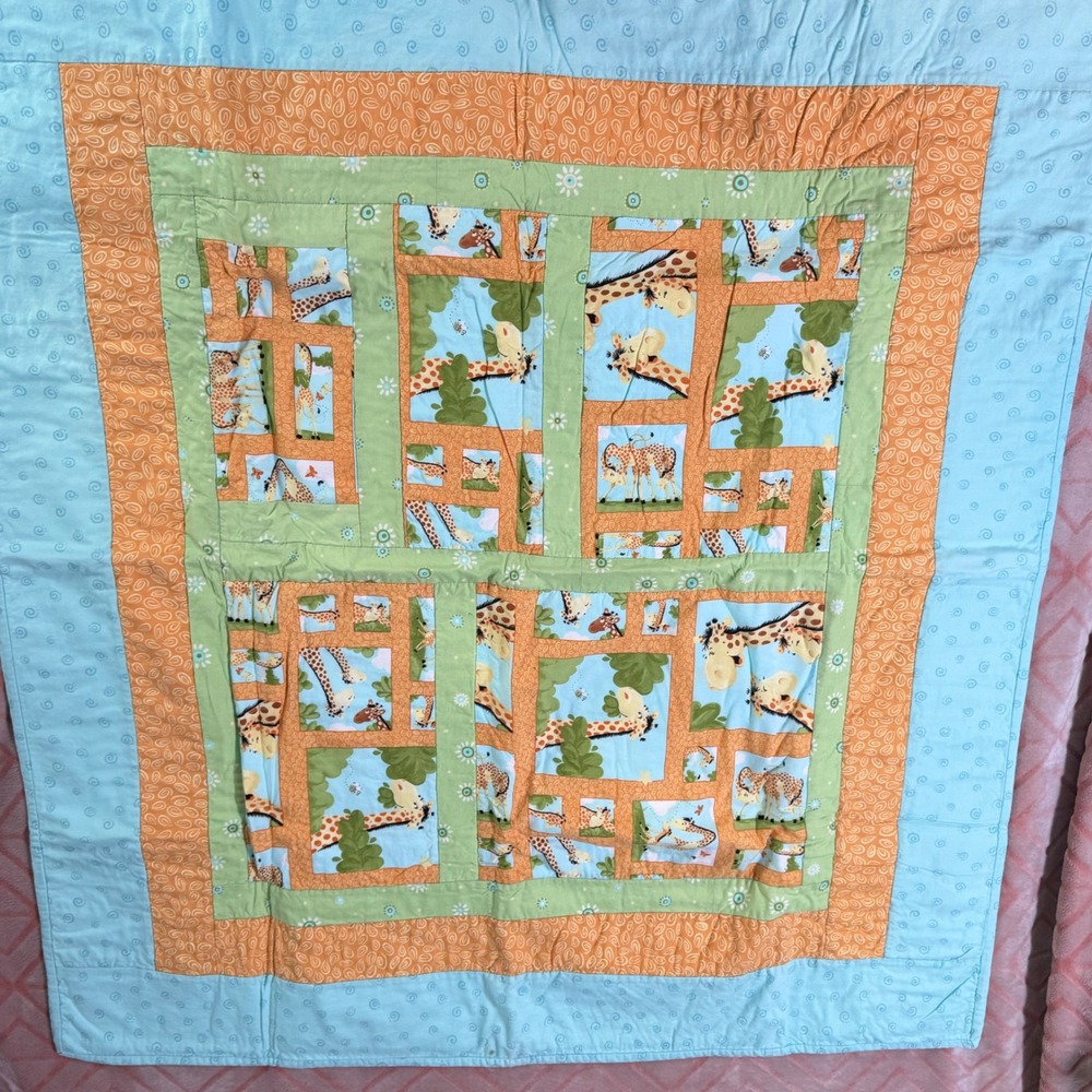 Handmade Giraffe Patchwork Baby Quilt Blue Green Orange 40 x 36 Inch